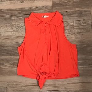 Bright Coral Collared Tie Front Crop Top