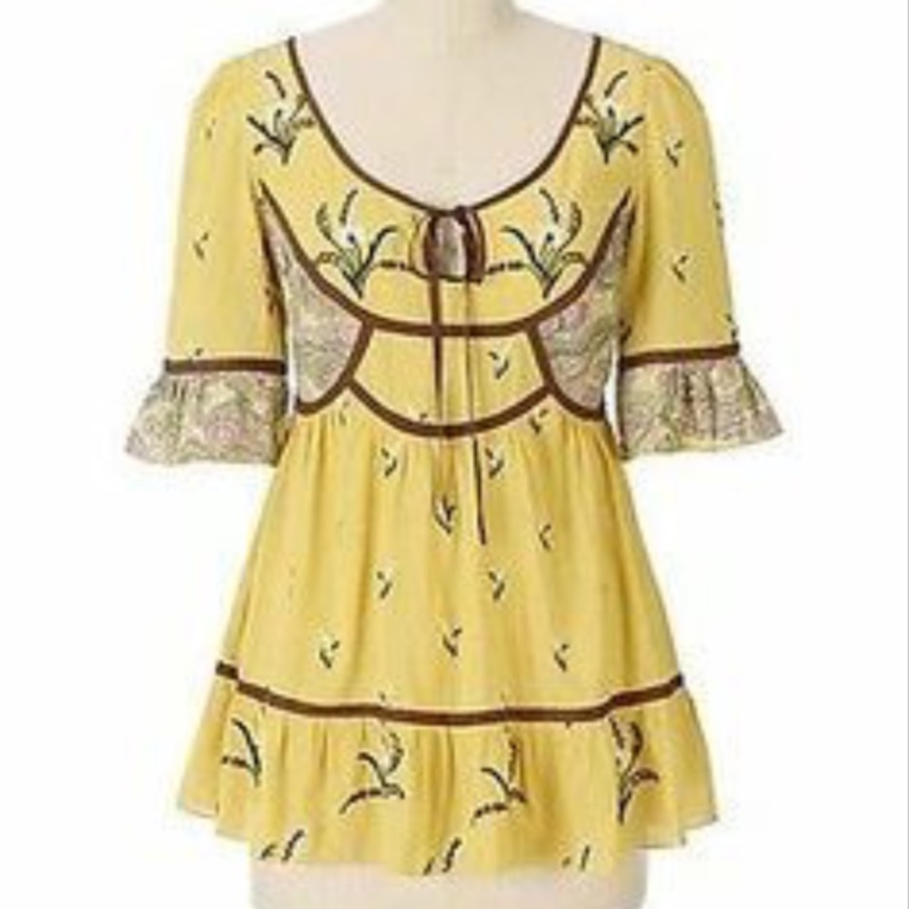Anthropologie Lithe yellow embroidered top size 6