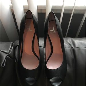 Black leather toe out heels