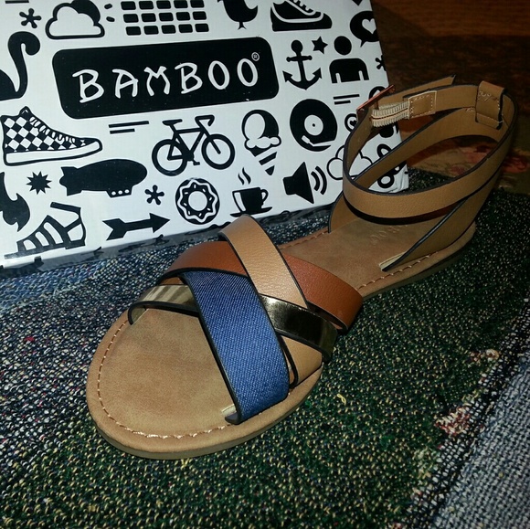 bamboo Shoes - Bamboo strappy blue gold sandals sz 6.5