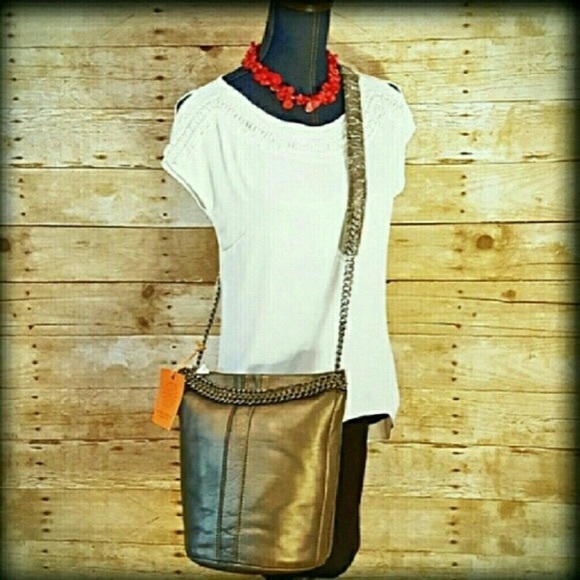 NEW RAMY BROOK Leather Bronze Crossbody Bucket Bag - Picture 2 of 8