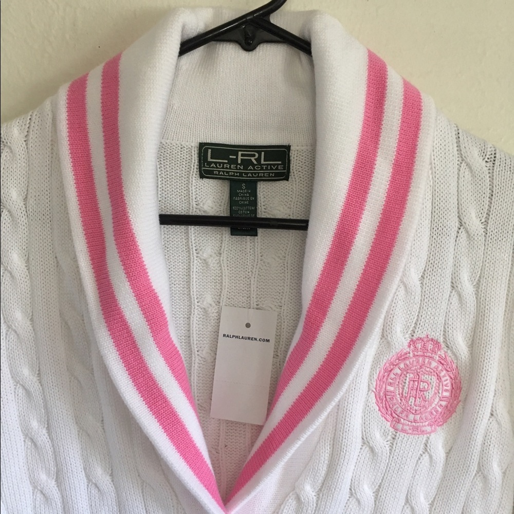 New Ralph Lauren tennis sweater cable pink trim
