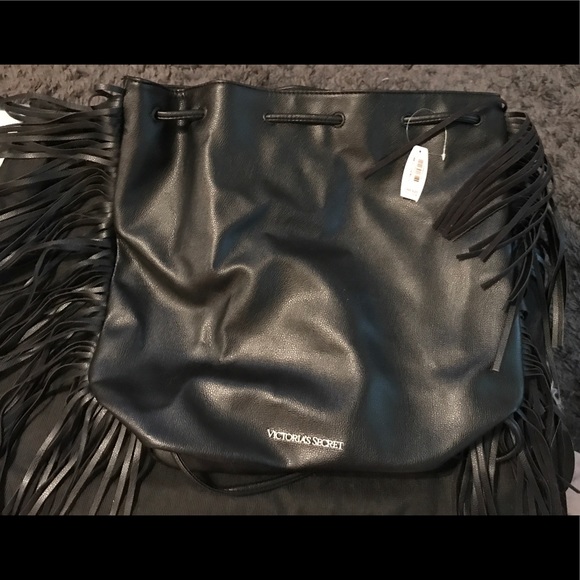 Victoria Secret Black Leather Drawstring Bag - Picture 1 of 3