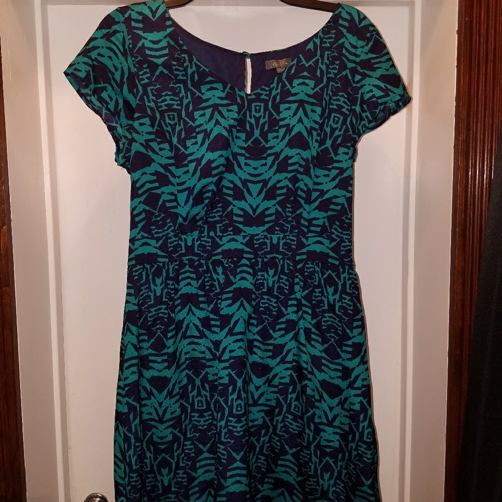 Teal, Navy dress.