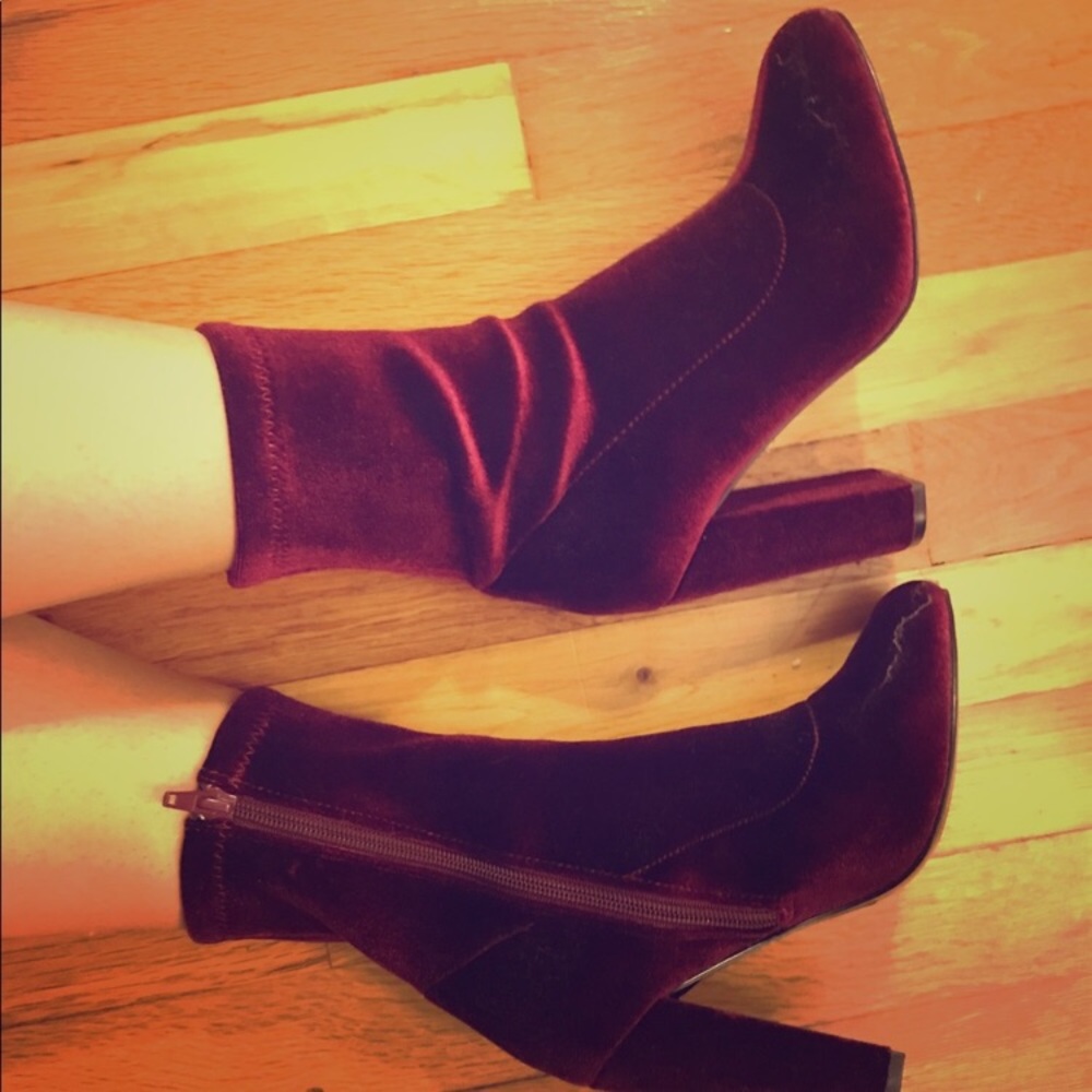 Burgundy velvet booties