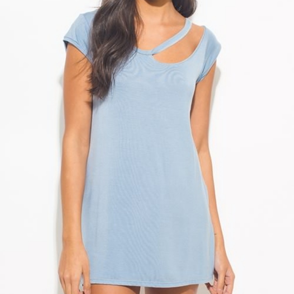 Light dusty blue mini dress with cut-out neckline