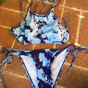Blue tie dye halter bikini top and bottom