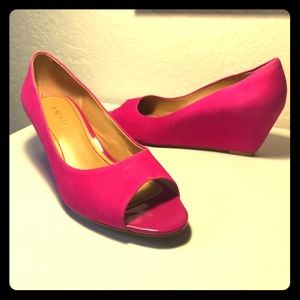 Hot Pink Leather Peep Toe Wedges by Nine West 8M