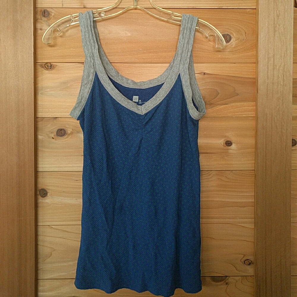Blue with Green polka dots and grey trim tank top