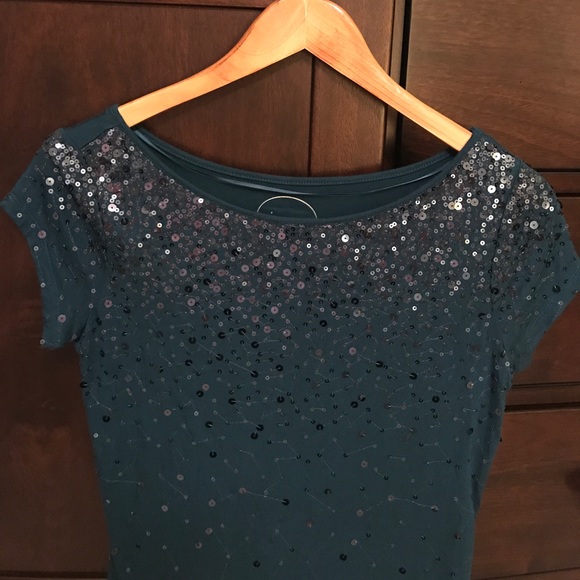 INC Emerald Sequin Short Sleeve Top - Picture 1 of 3