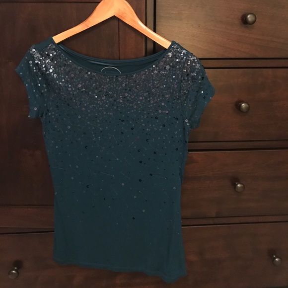 INC Emerald Sequin Short Sleeve Top - Picture 2 of 3