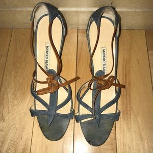 Manolo Blahnik Denim Heels with Leather Strap