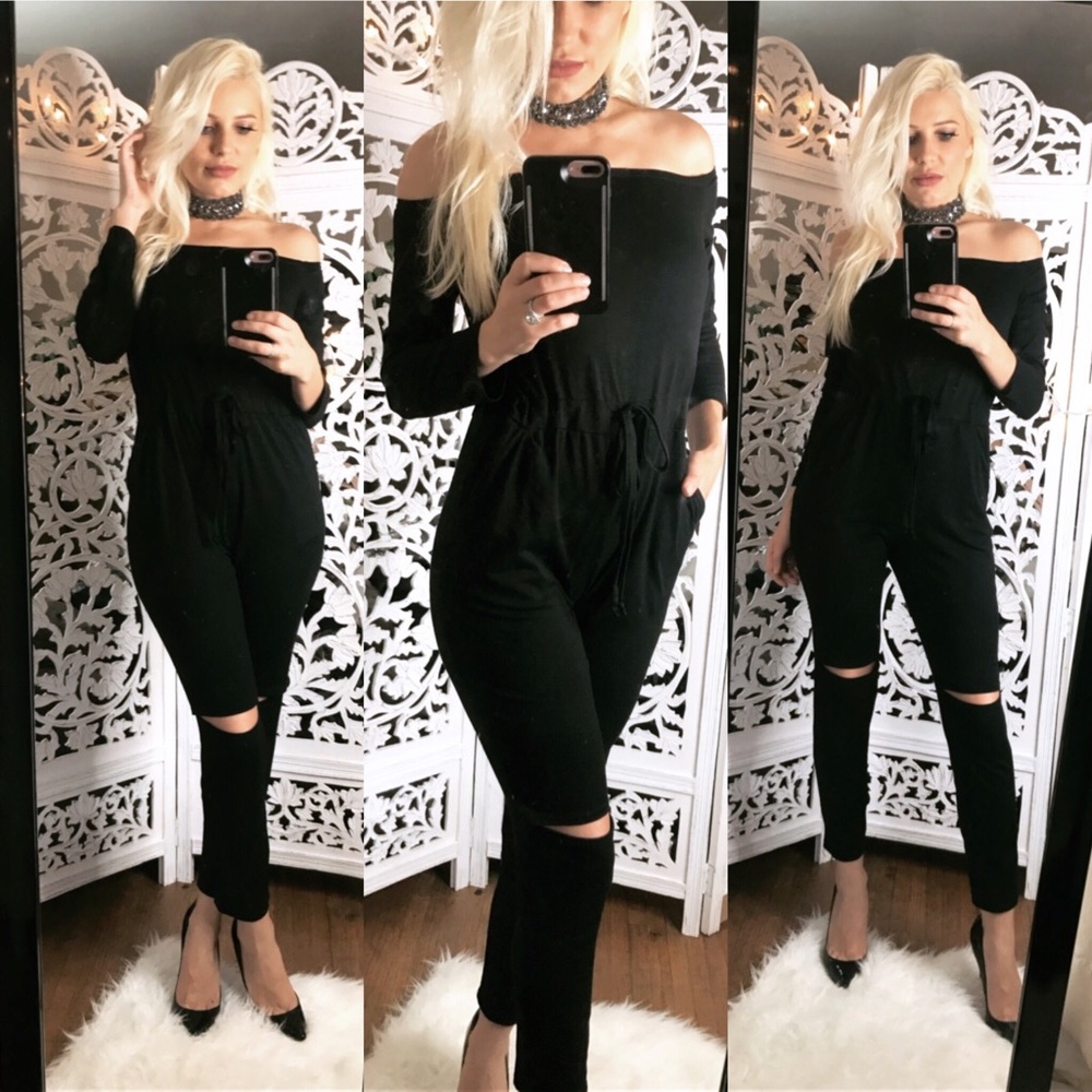 Off the shoulder black jumpsuit
