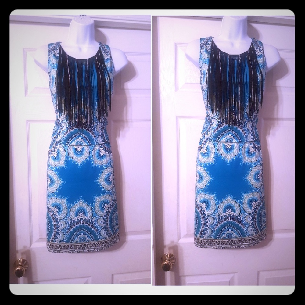 Blue aztec print jersey knit sheath w/chain bib