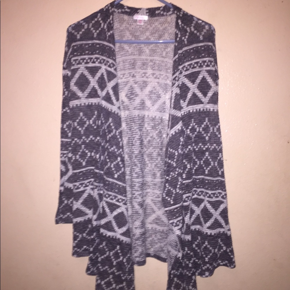 Grey and white cardigan.