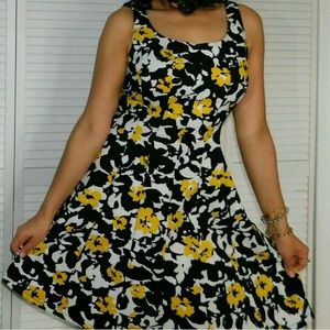 Black,White,&Yellow Floral Fit & Flare Dress