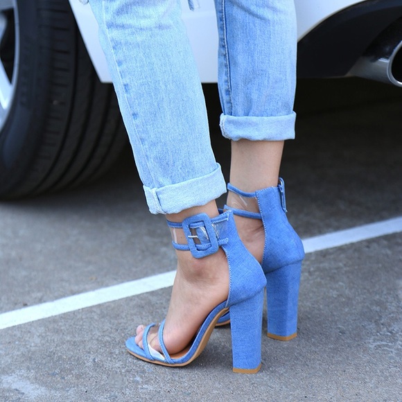 Denim & Transparent Chunky Heel Sandals - Picture 3 of 3
