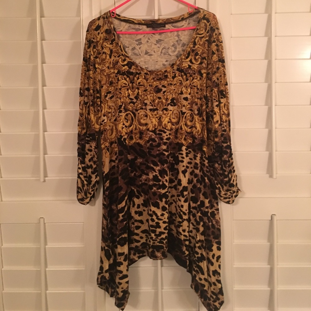 Gold & Brown Print Women's Knit Tunic // XL