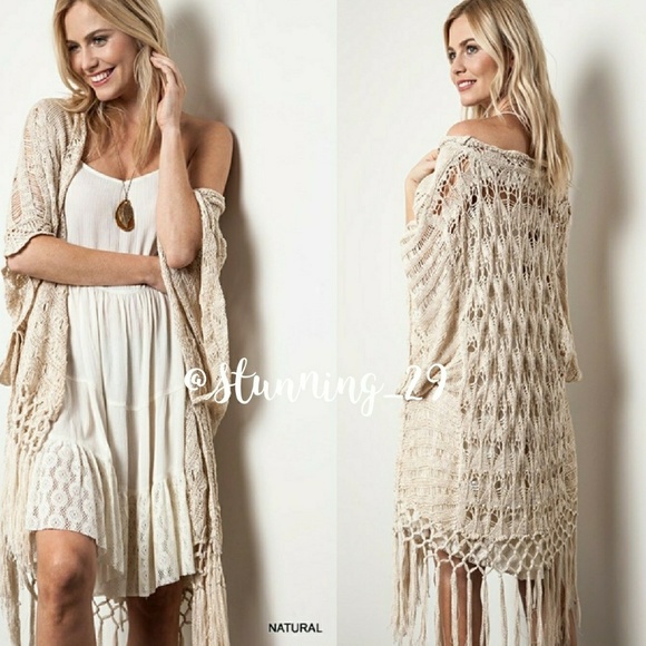 ๐CREAM CROCHET KNIT FRINGE SLOUCH KIMONO - Picture 2 of 7