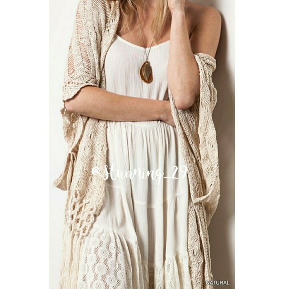 ๐CREAM CROCHET KNIT FRINGE SLOUCH KIMONO - Picture 4 of 7