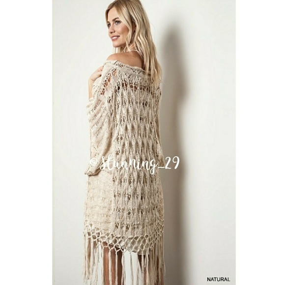 ๐CREAM CROCHET KNIT FRINGE SLOUCH KIMONO - Picture 5 of 7