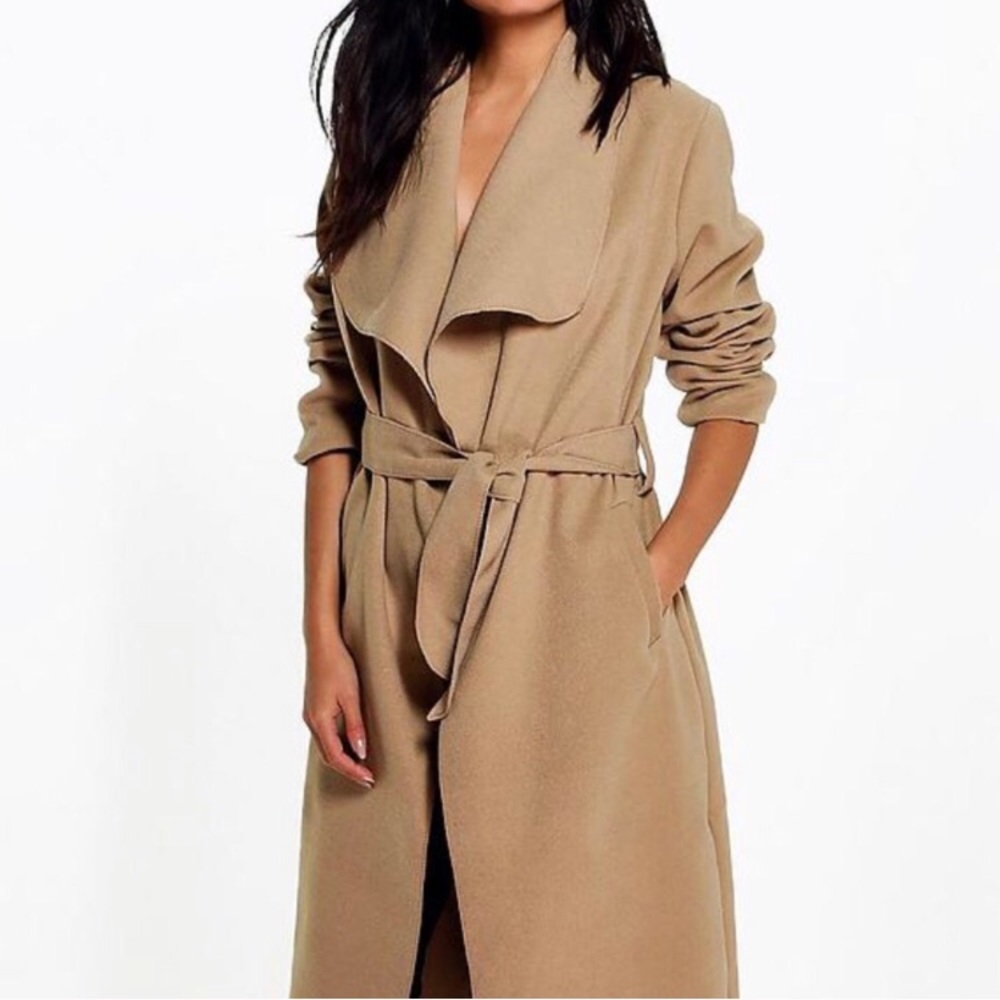 BOOHOO Camel Waterfall Trench Coat