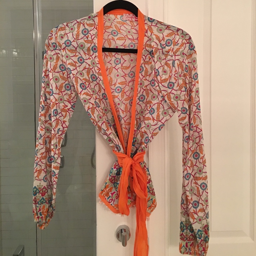 Boho print ballet cotton wrap top w beading.