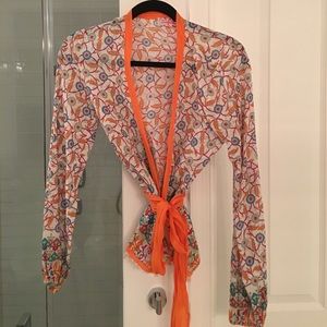 Boho print ballet cotton wrap top w beading.