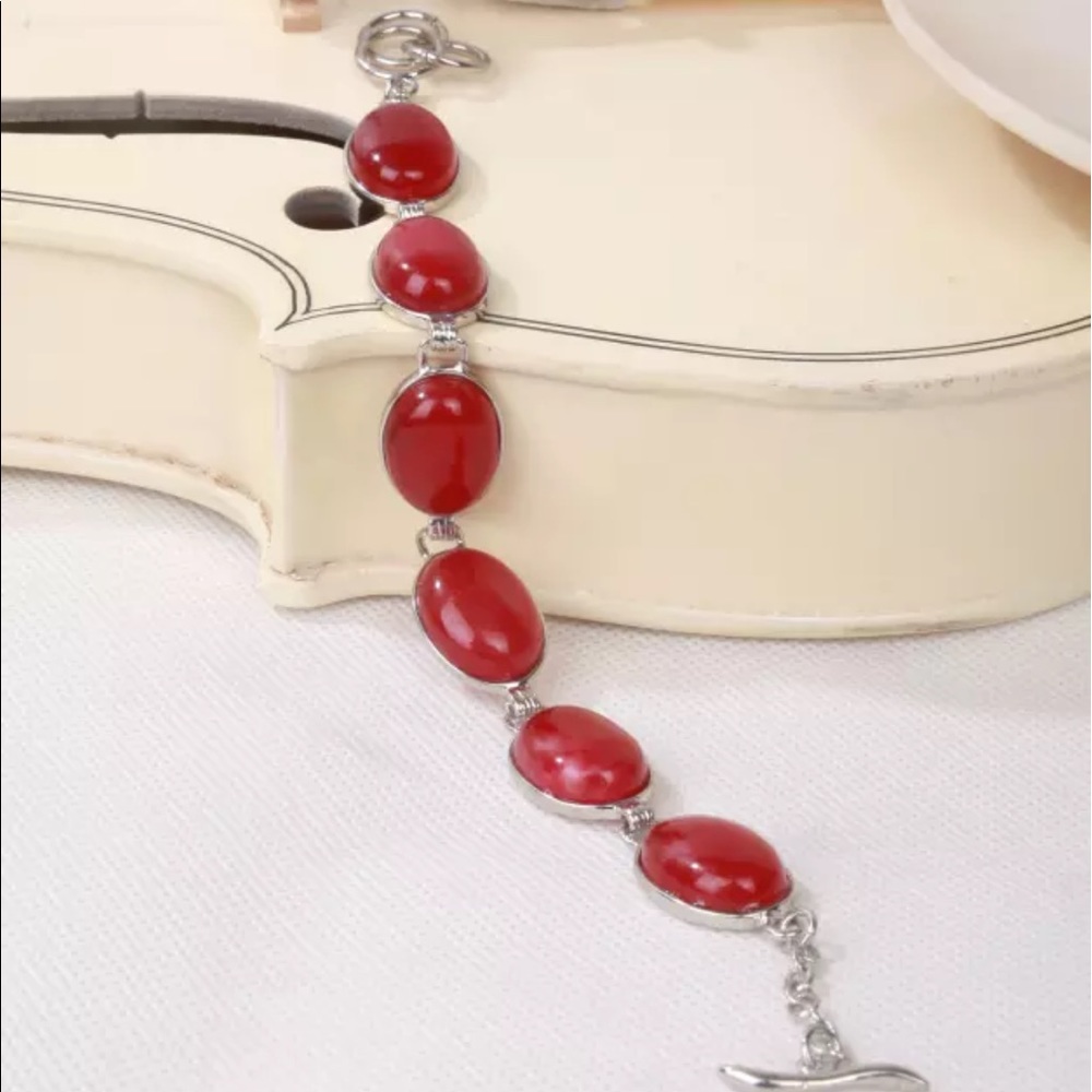 Red Faux Jade Bracelet 8 " Silver 925? Not stamped