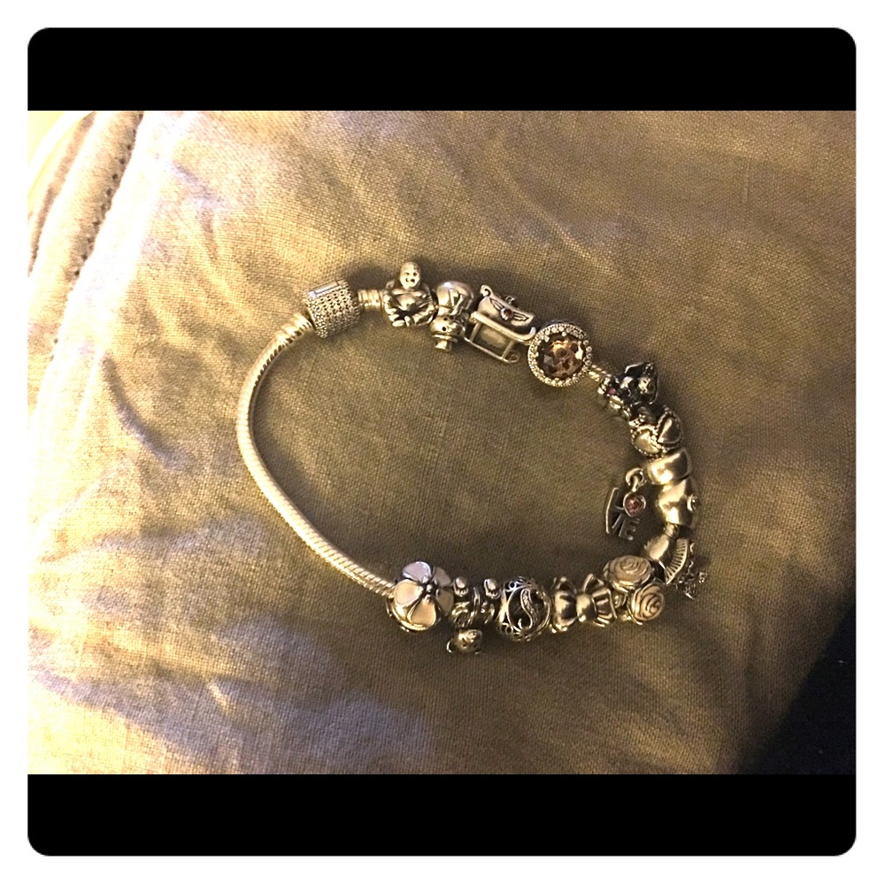 Pandora bracelet with 10 charms.