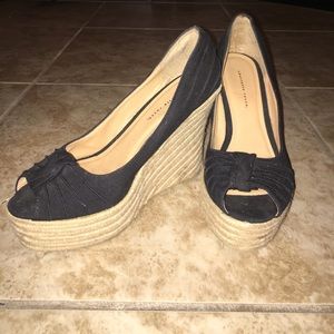 Black canvas peep toe with woven wedge