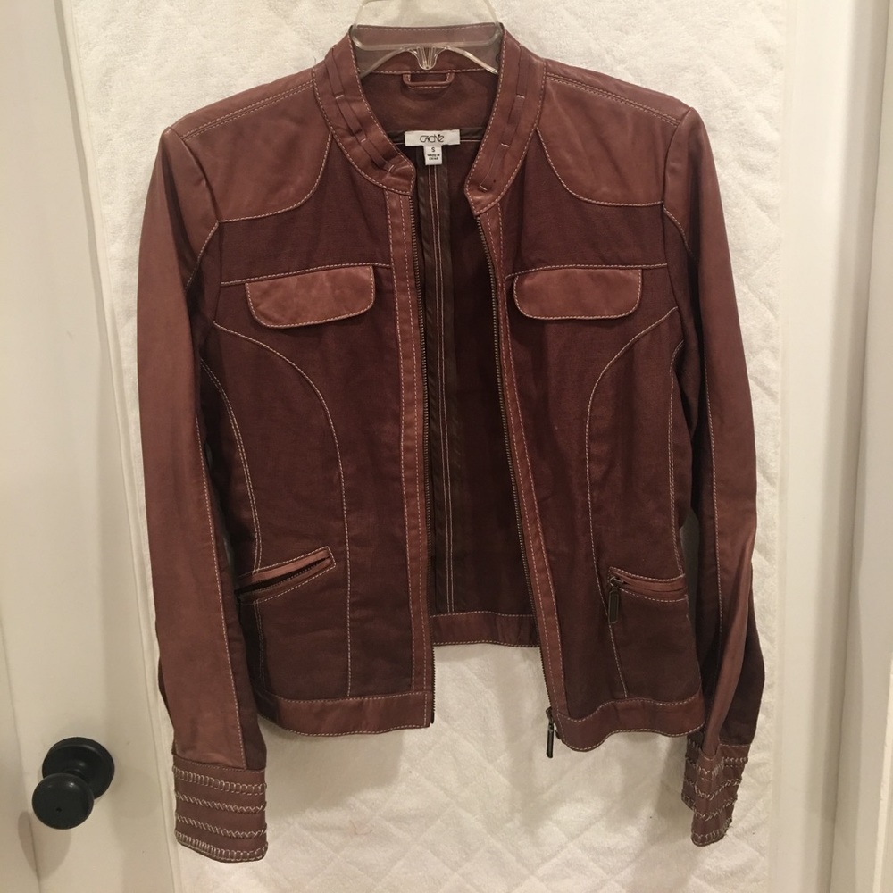Brown Linen jacket with leather trim