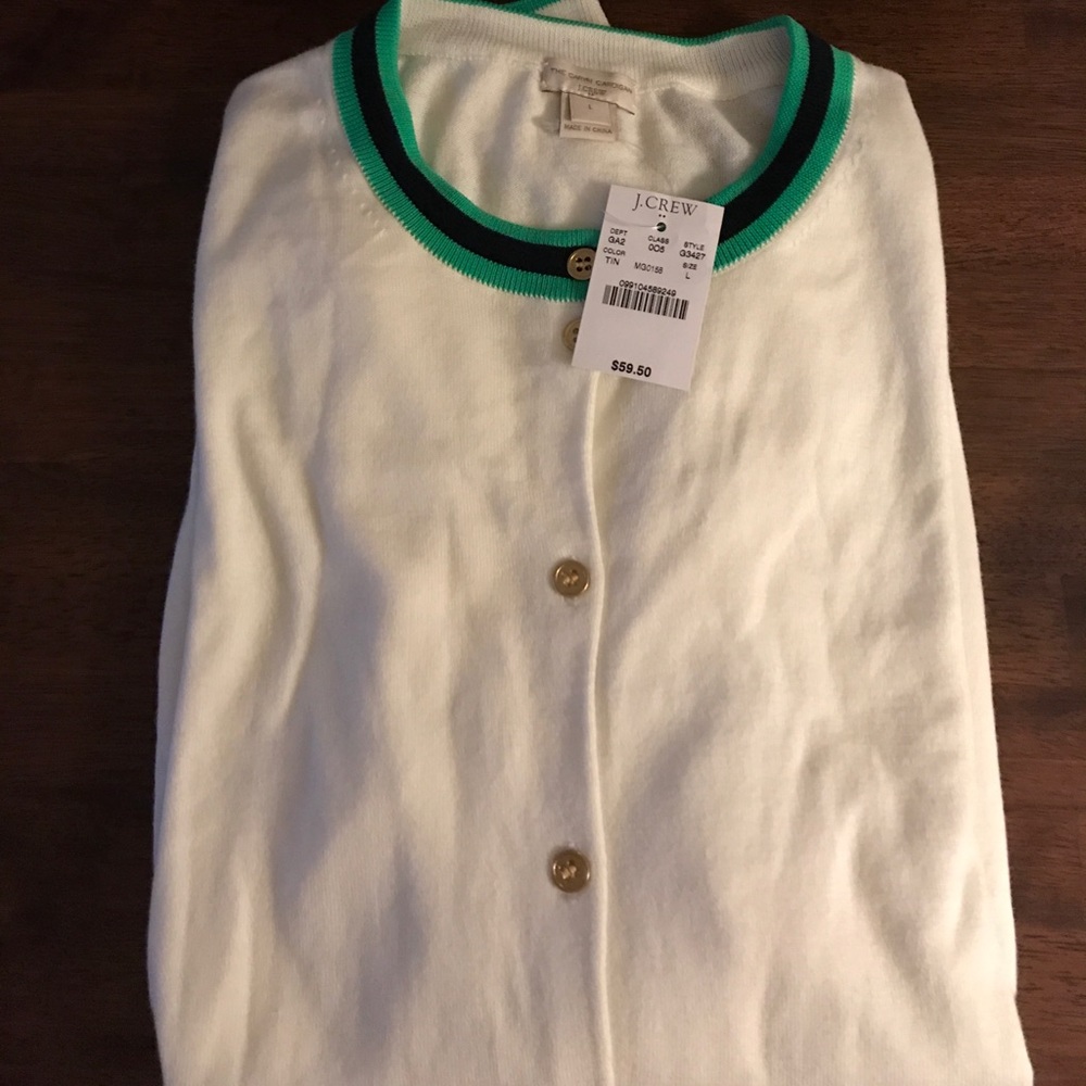 White JCrew Cardigan with green strip