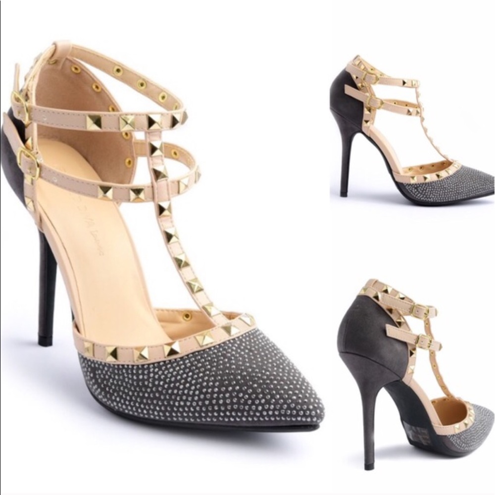•LAST 1• Grey Suede Rhinestone & Studs Heels - Picture 2 of 2