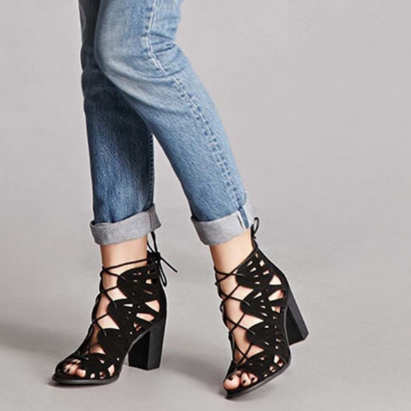 Black Suede Lace Up Caged Block Heel Sandals - Picture 2 of 6