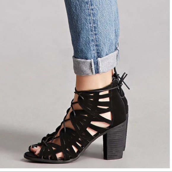 Black Suede Lace Up Caged Block Heel Sandals - Picture 3 of 6