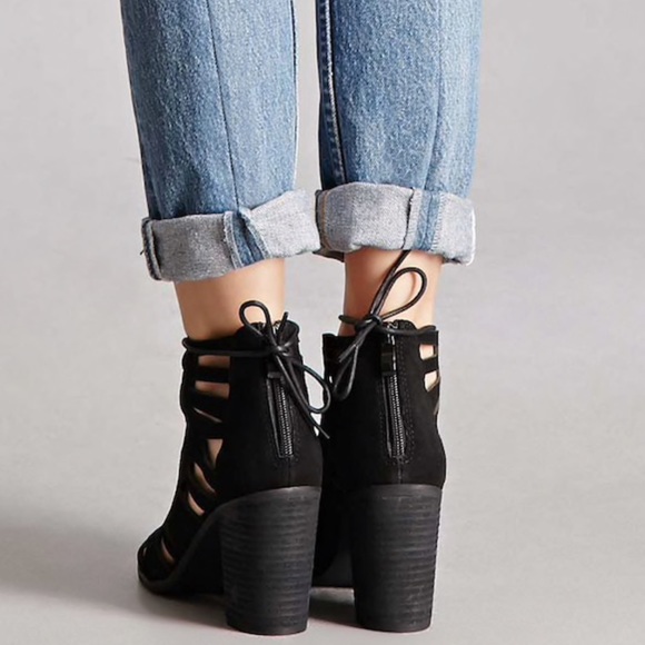 Black Suede Lace Up Caged Block Heel Sandals - Picture 4 of 6