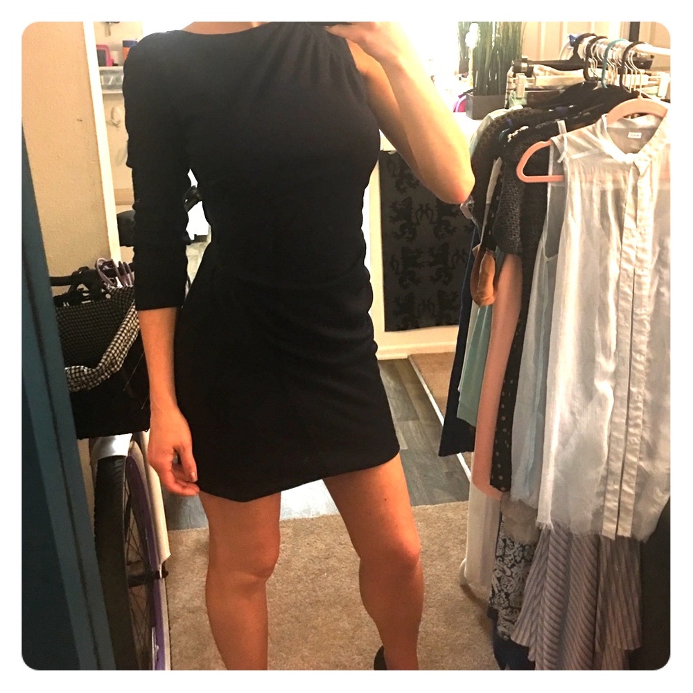 L.A.M.B. asymmetric navy dress by Gwen Stephanie