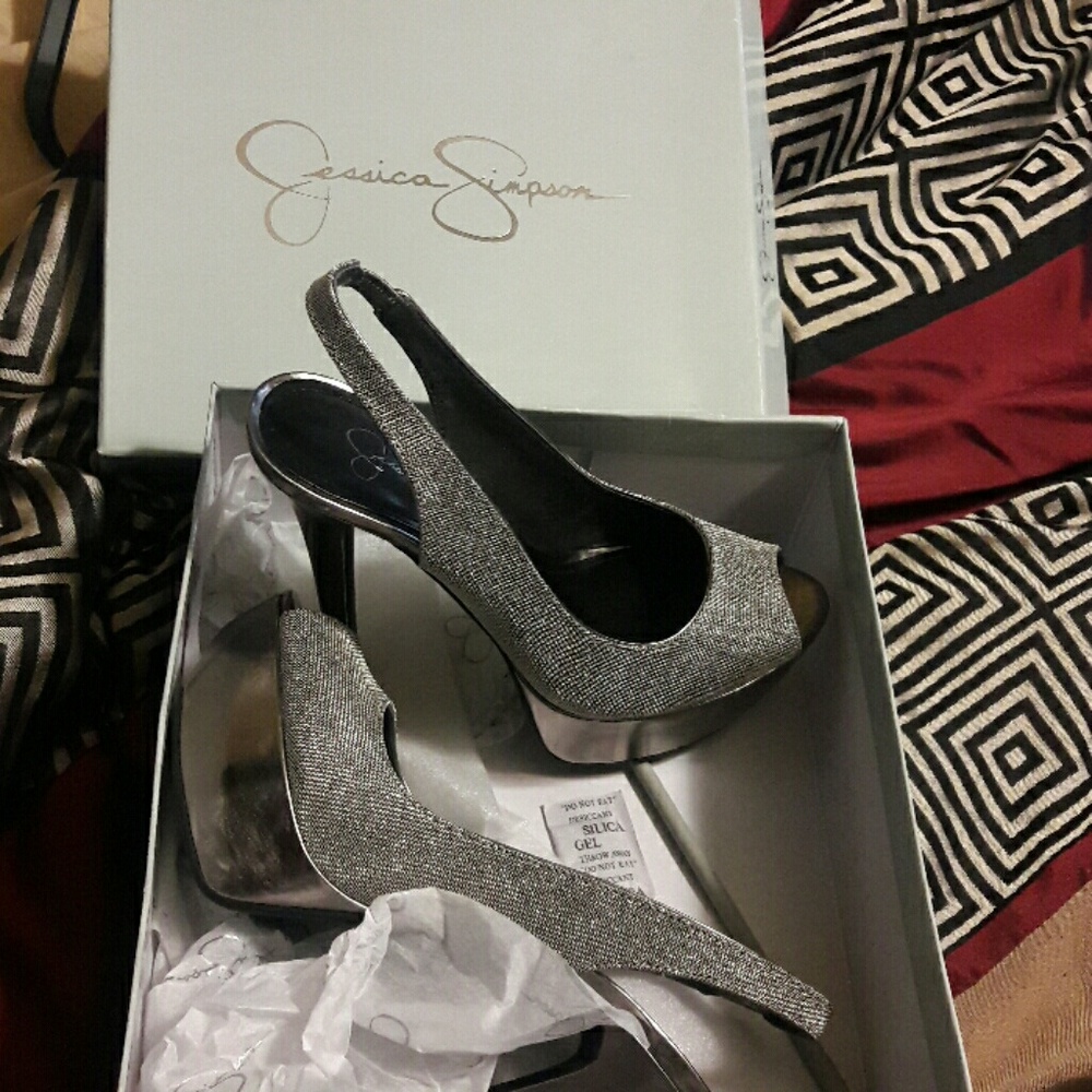 Pewter sling back fishnet platform pumps