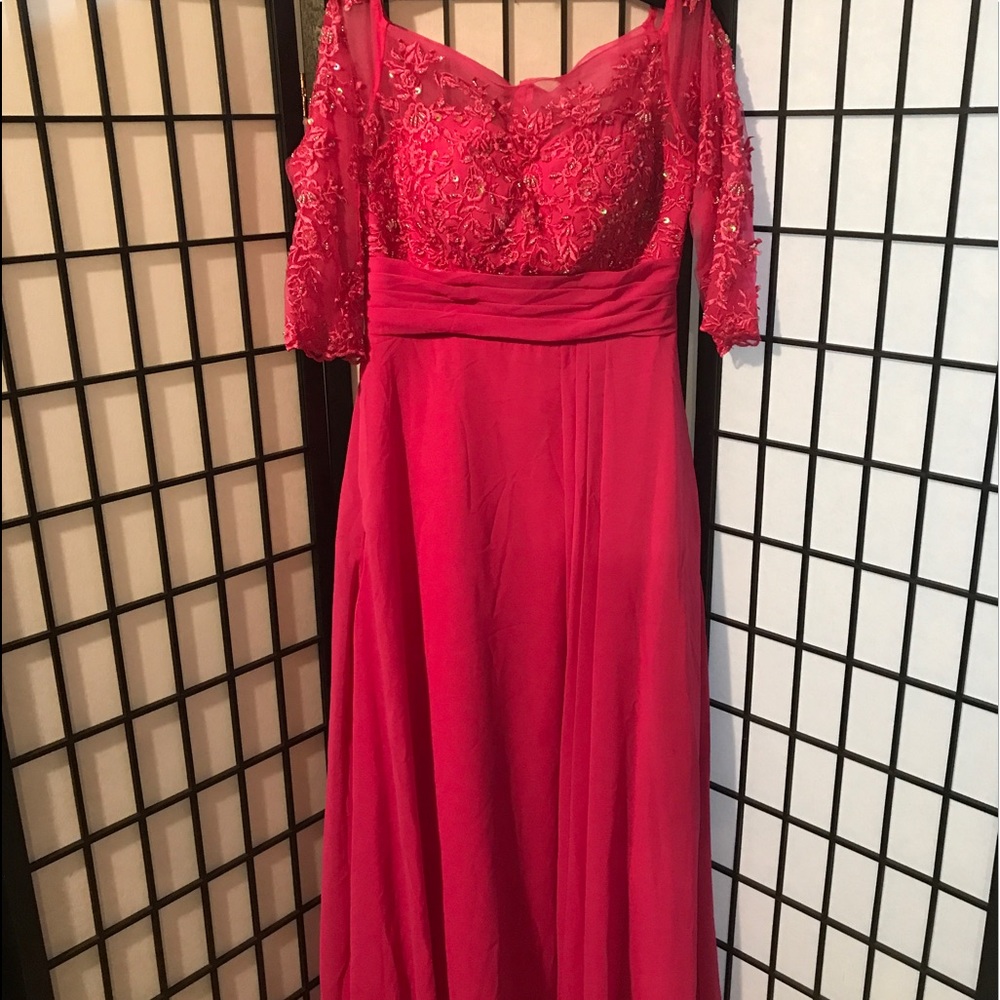 Off the shoulder, chiffon evening gown