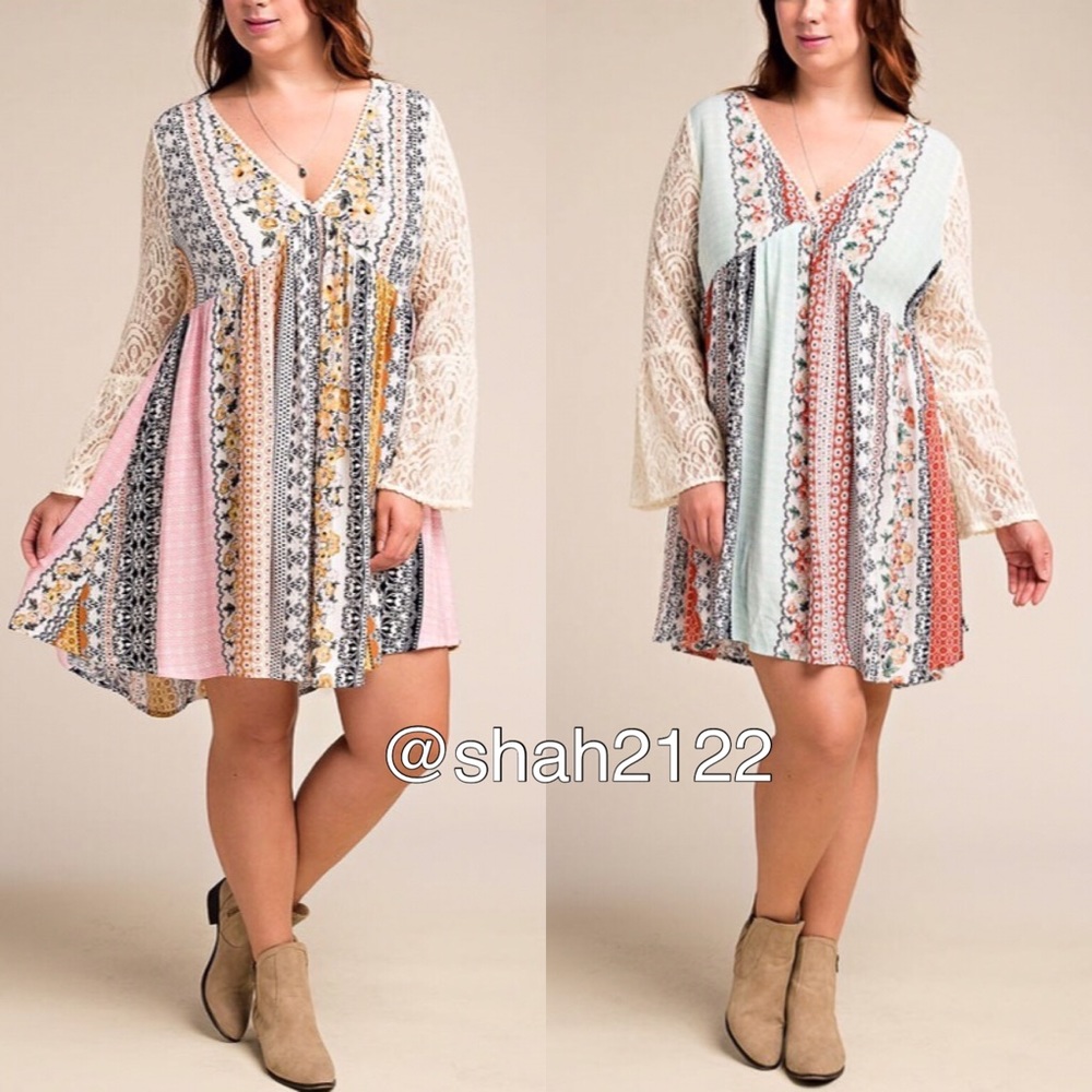 Plus size boho lace sleeves dress floral sold - Picture 1 of 3