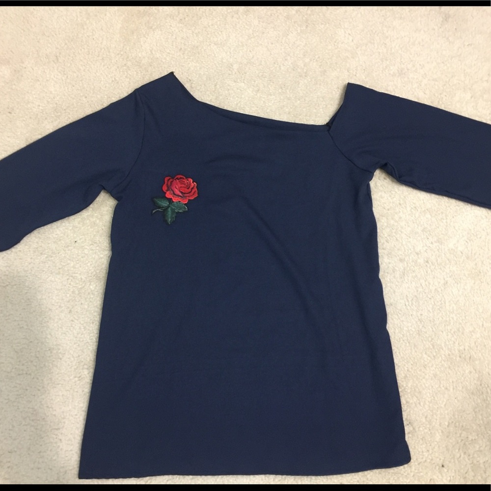 Navy Long blouse Asymmetrical with floral Patch