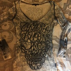 Crash & Burn Long Sleeve Sexy Skull Bling Shirt