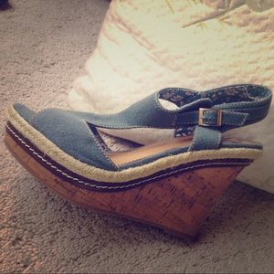 Platform Fergie Wedges Jean Material Floral Print