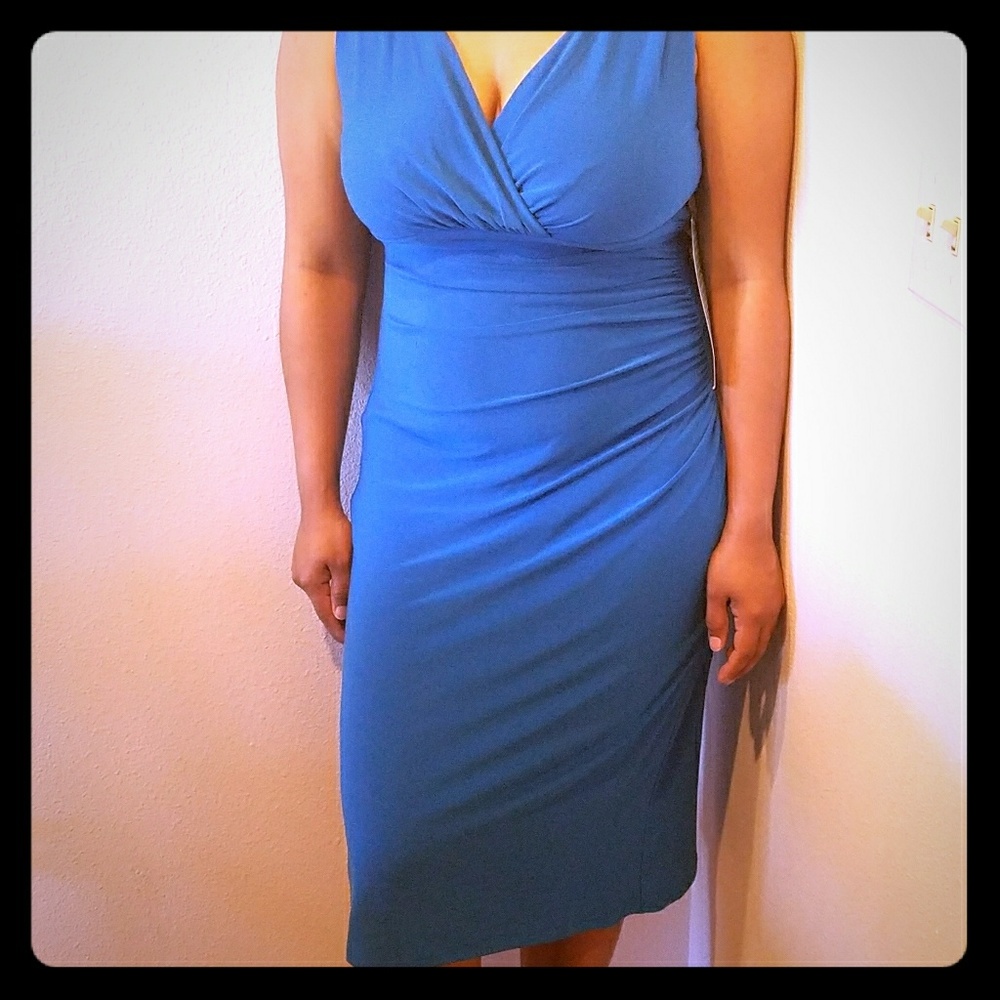 Side ruched deep neck cocktail dress
