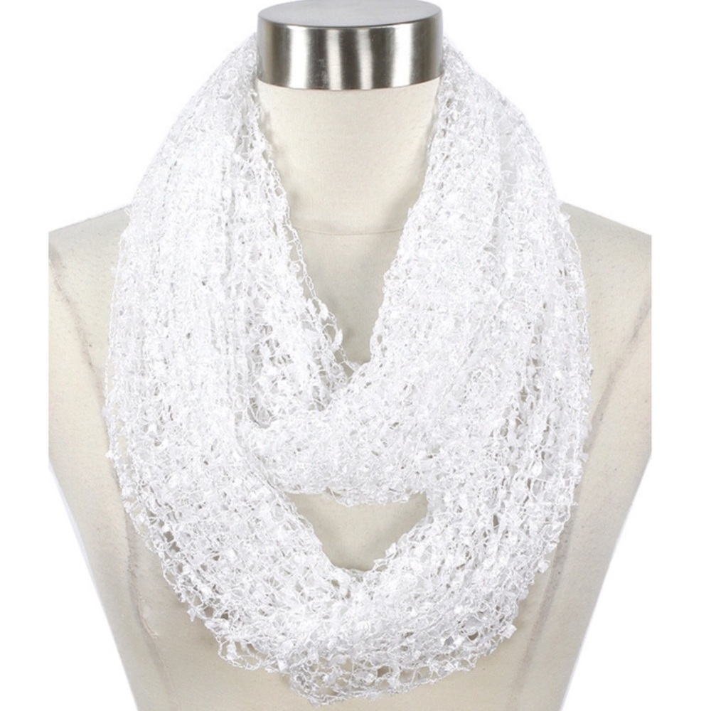 White Metallic Thread Net Infinity Scarf