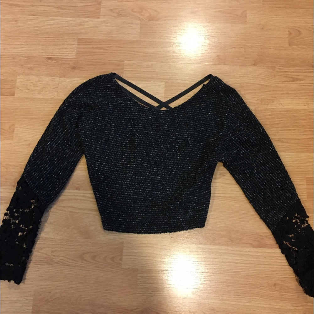 Criss cross back sweater with lace sleeves