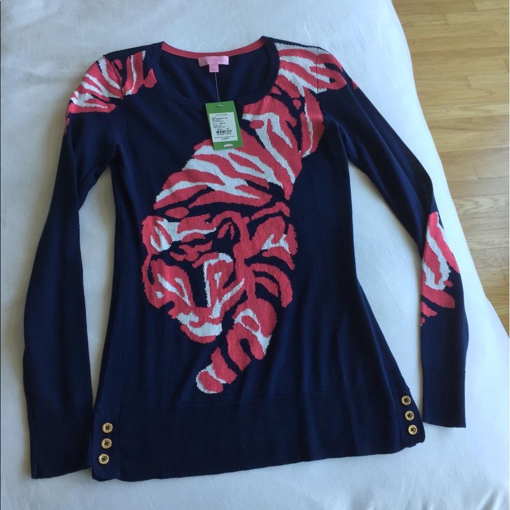 Lilly Pulitzer Navy Pink Sweater XS Tiger Jacquard