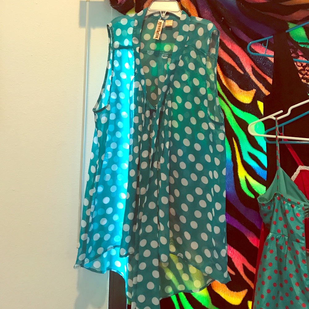 Sleeveless polka dot turquoise sheer top