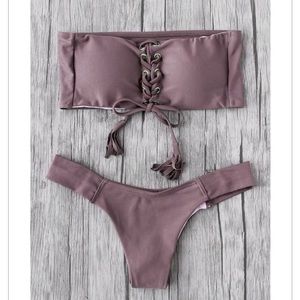 Purple Eyelet Lace-Up Tassel Bandeau Bikini
